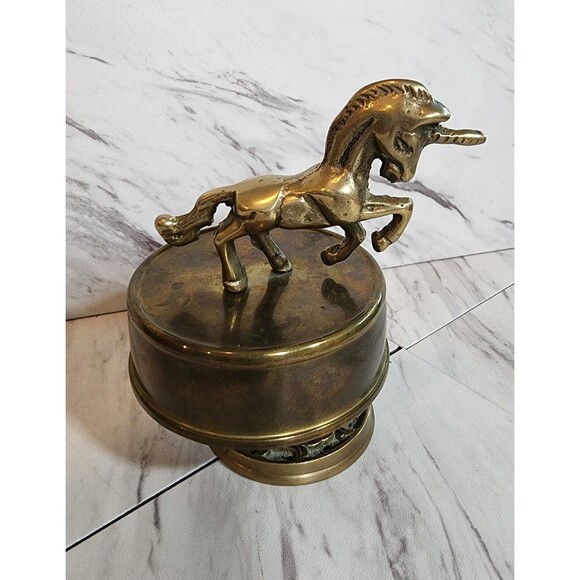 Vintage Brass Unicorn Music Box 1970s Fantasy Figurine Spinning Base Works Great - Picture 1 of 9